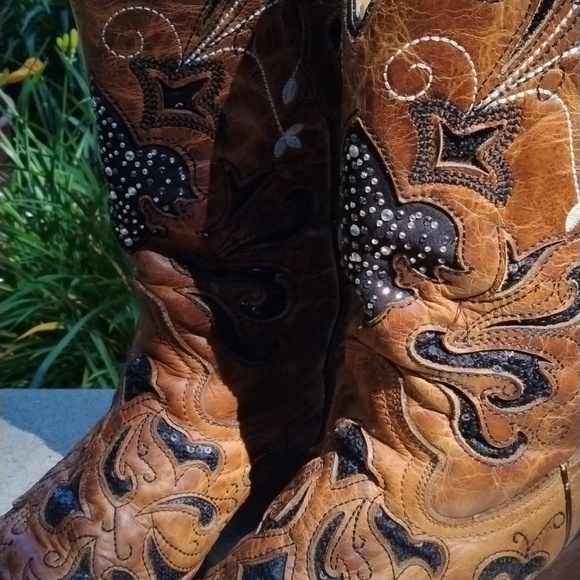 CORRAL A2840 - WOMEN'S INLAY EMBROIDERY AND STUDS BROWN SQUARE TOE  BOOT size 9 - Picture 4 of 16